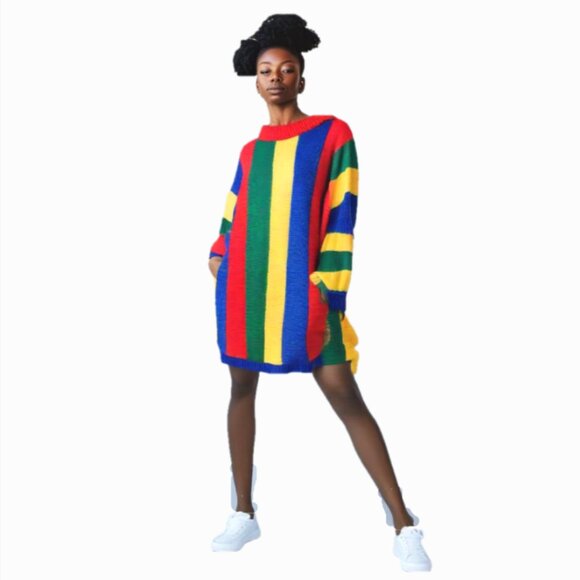 Hand Knit Custom Design Heavy Cable Multi Stripe Turtle Neck Sweater Dre… - Picture 4 of 7